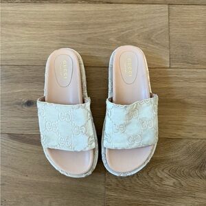 Gucci Cream Embossed Slide Sandals